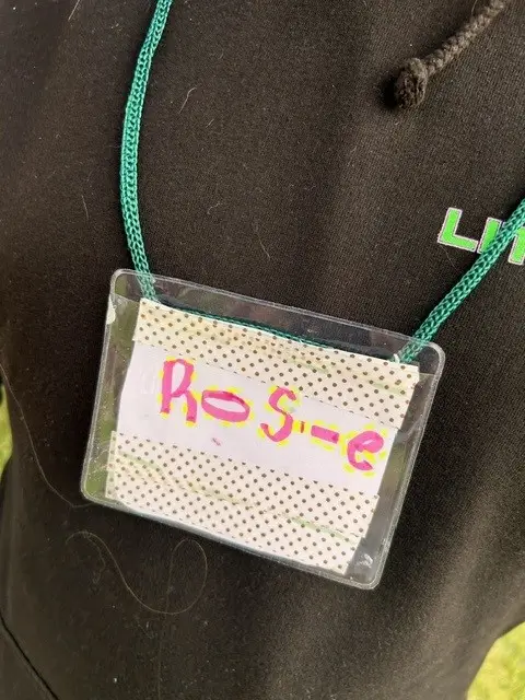 a close up photo of rosie's name badge a close up photo of rosie's name badge