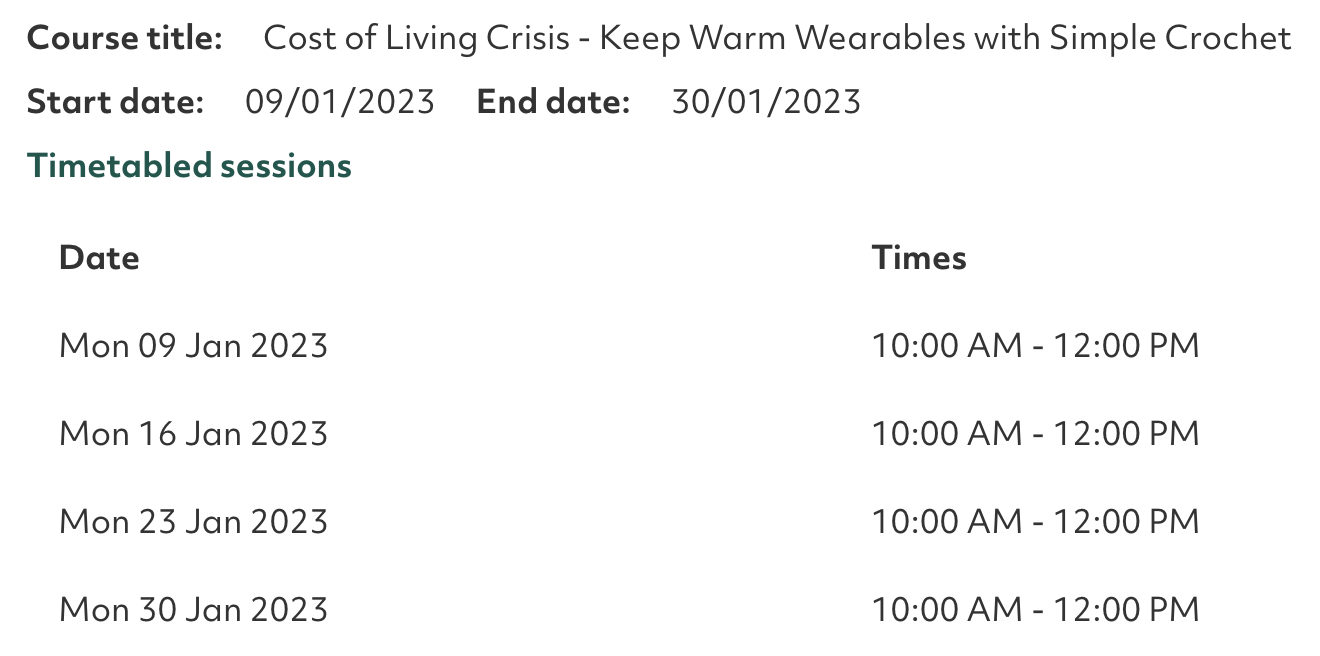 the wea crochet course calendar